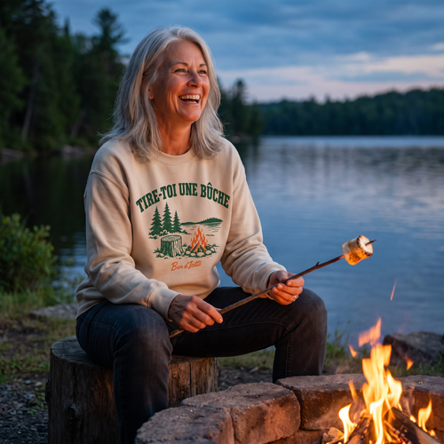 Le coton ouaté Tire-toi une bûche porté autour du feu de camp au chalet